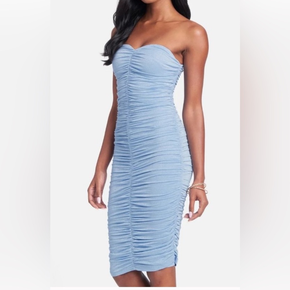 BEBE STRAPLESS RUCHED SPARKLE MESH DRESS